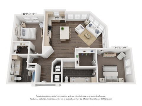 Floor plan for 2 beds, 2 baths, 1306 sqft
